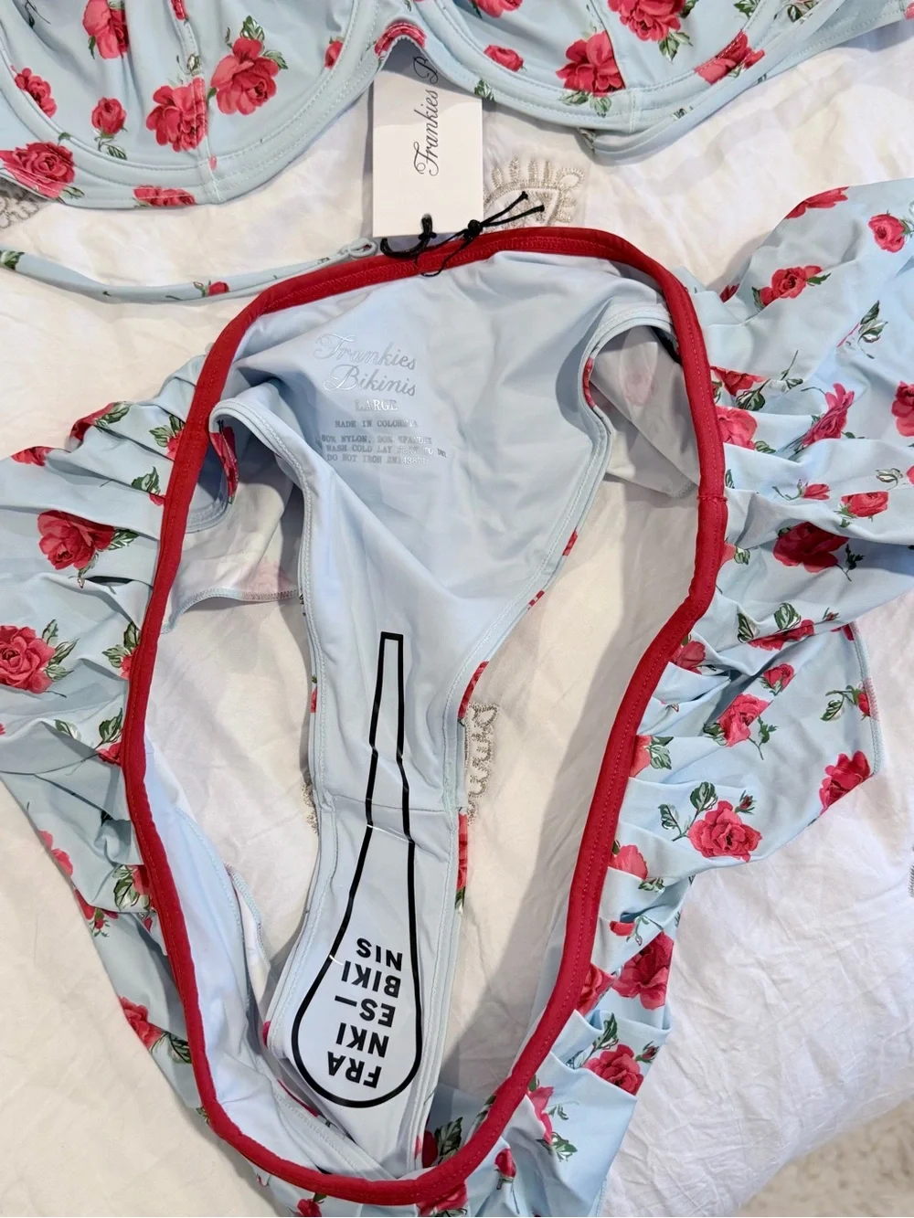 Frankie's Bikinis Baby Blue Rose Ruffle Bikini swim set size L NWT